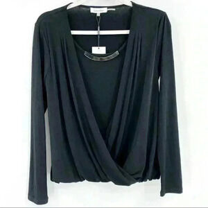Calvin Klein Womens Drapery Front Black Long Sleeve Gold Accent Career Top S NWT